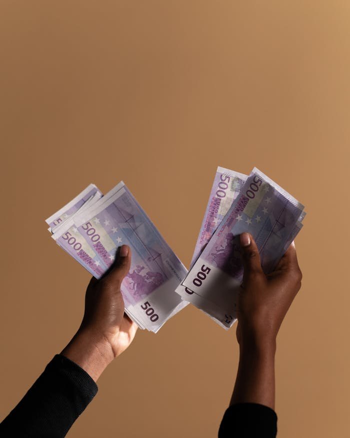 A person holding 500 euro banknotes against a beige background, symbolizing finance and investment.