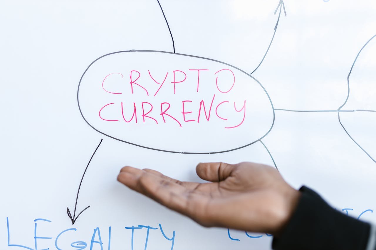 Close-up of a hand gesturing at a cryptocurrency diagram on a whiteboard, highlighting crypto concepts.