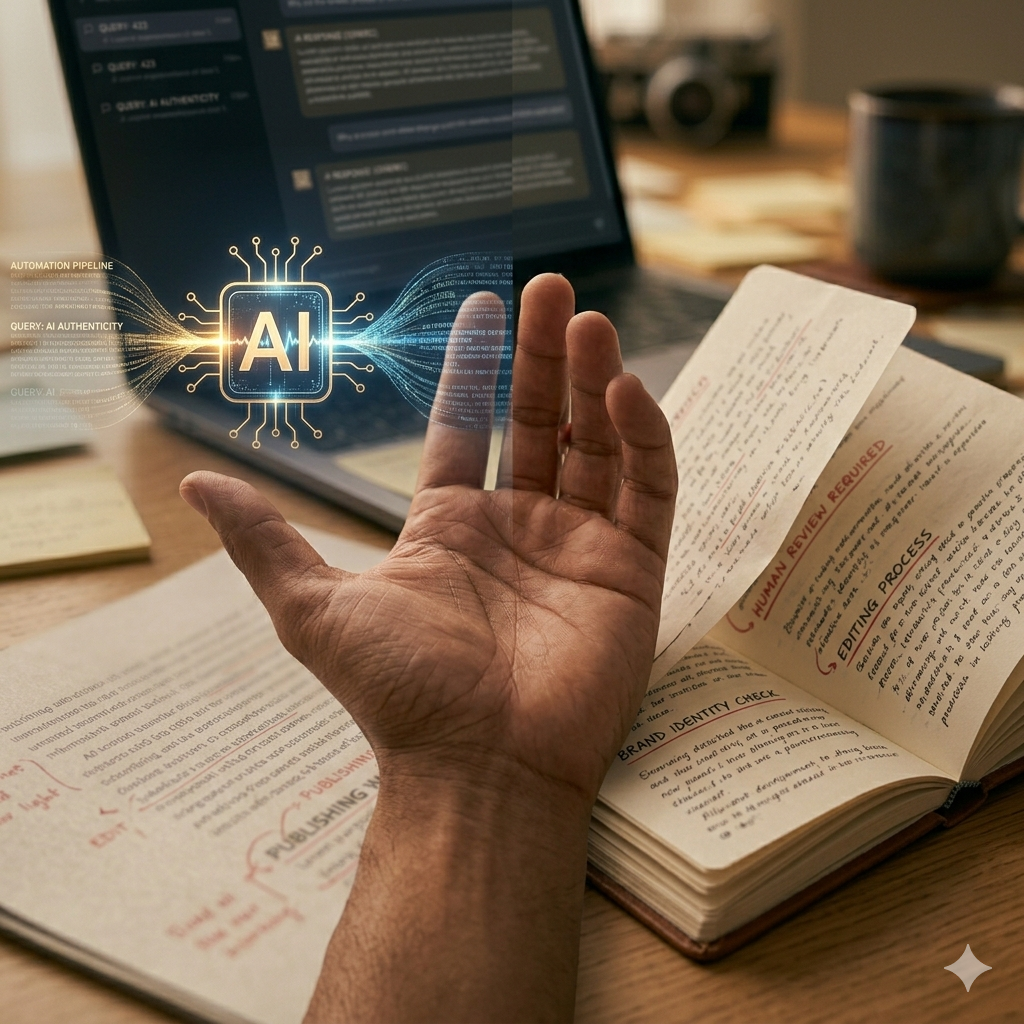 How to Use AI Without Damaging Your Brand Authority Relationships" (4:3)
Cinematic shot of a person typing a personal reply on a phone, warm and approachable lighting, soft bokeh of a busy cafe or workspace in the background, amber and cream color palette, realistic candid photography style, 4:3 aspect ratio.