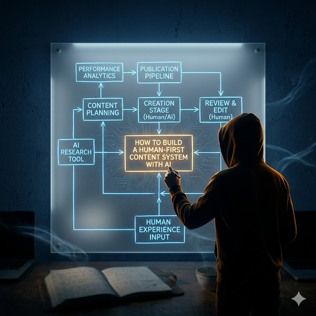 How to Build a Human-First Content System With AI"

A human silhouette sketching a glowing workflow diagram on a frosted glass panel — boxes and arrows labeled loosely like a content pipeline — with faint circuit-like patterns subtly woven into the lines. Color palette: deep navy background, electric blue glowing lines, single warm amber highlight on the silhouette. Lighting style: backlit glass panel glow, cinematic rim lighting on the figure. Mood: structure and intention. Aspect ratio: 1:1.
The shared navy/amber/blue palette and consistent lighting style mean you can drop these into any future LaunchWealthy post with the same headings and keep a recognizable visual identity site-wide.