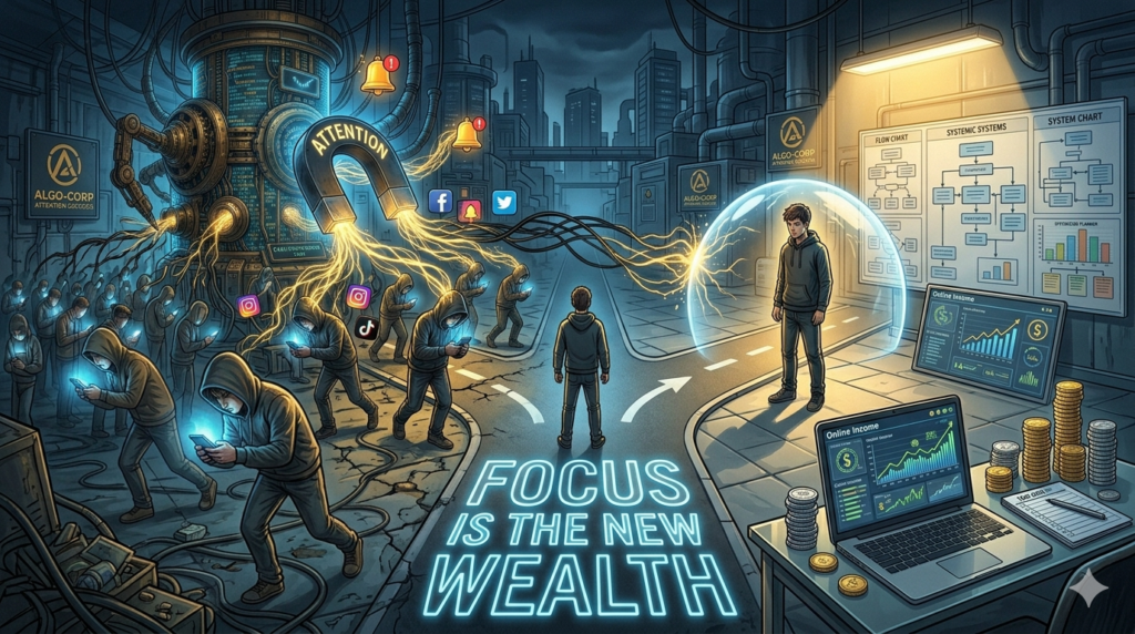 A young person standing at a crossroads between digital distraction and financial freedom in the attention economy